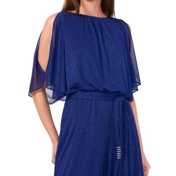 MSK Blue Glitter Chiffon Blouson Wide Leg Jumpsuit L NWT Evening Formal - Picture 6 of 7